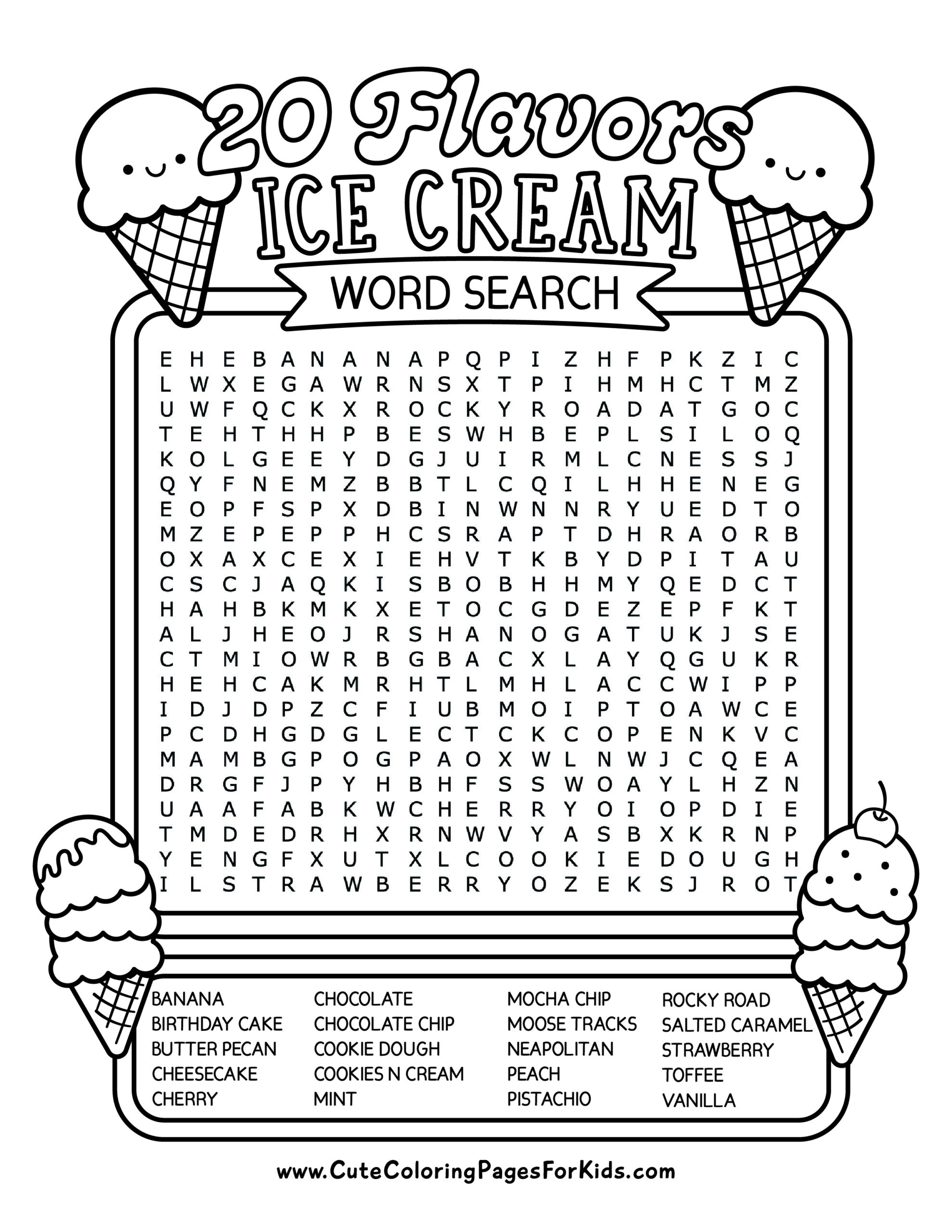 Free Printable Ice Cream Word Search For Kids Cute Coloring Pages For Kids
