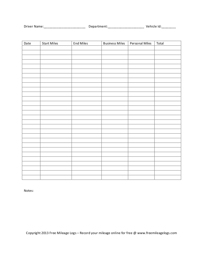 Printable Mileage Sheets