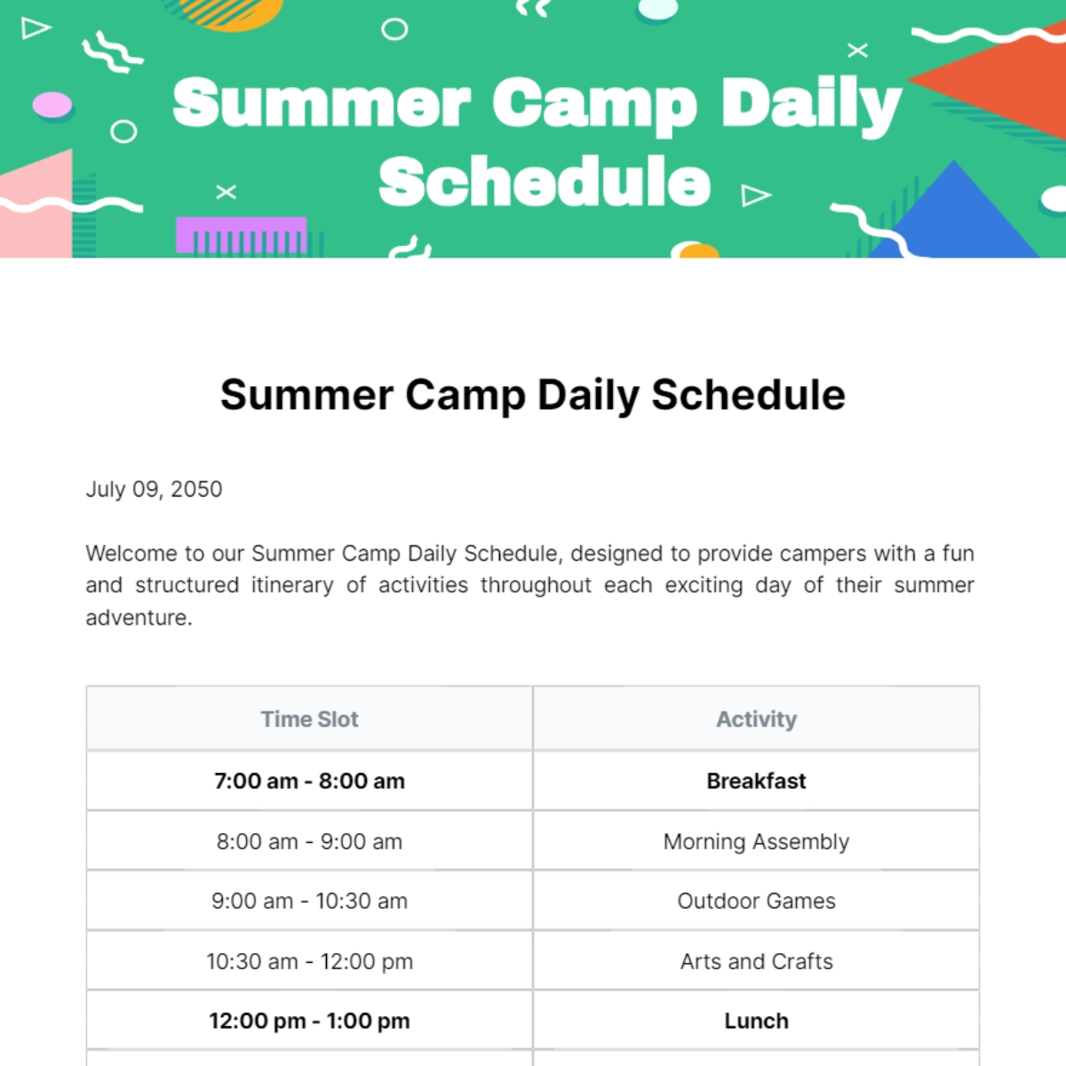 Free Summer Camp Daily Schedule Template To Edit Online