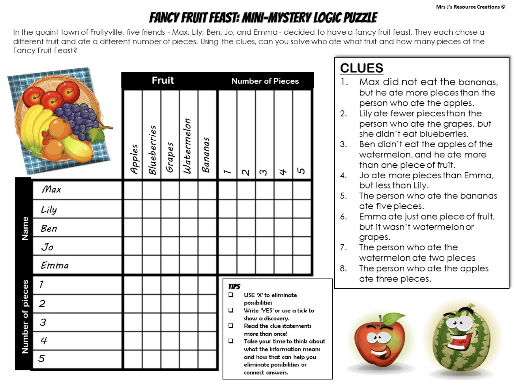 Fruit Mystery Logic Puzzle Brain Teaser Worksheet Activity Free 21 JJ Resource Creations