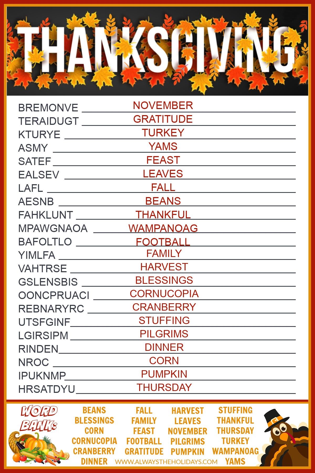 Thanksgiving Word Scramble Answers
