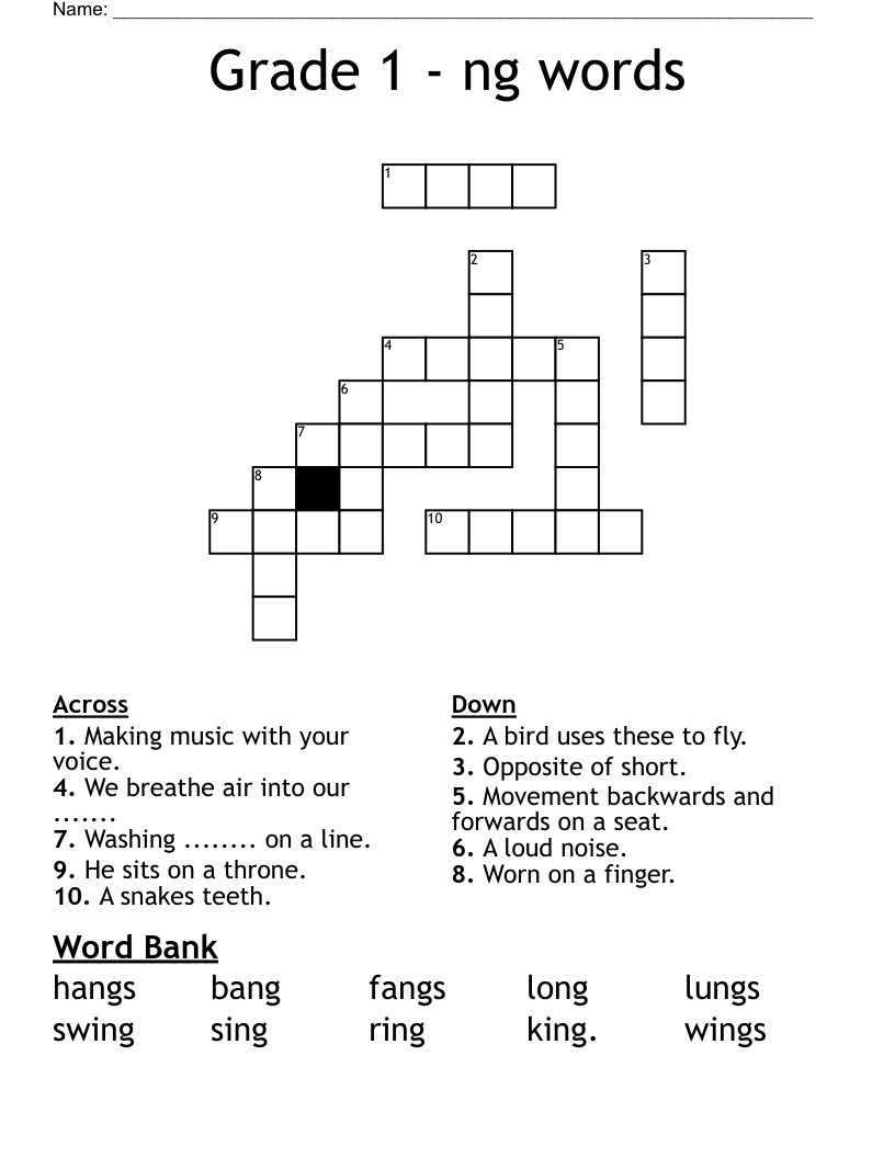 Grade 1 Ng Words Crossword WordMint