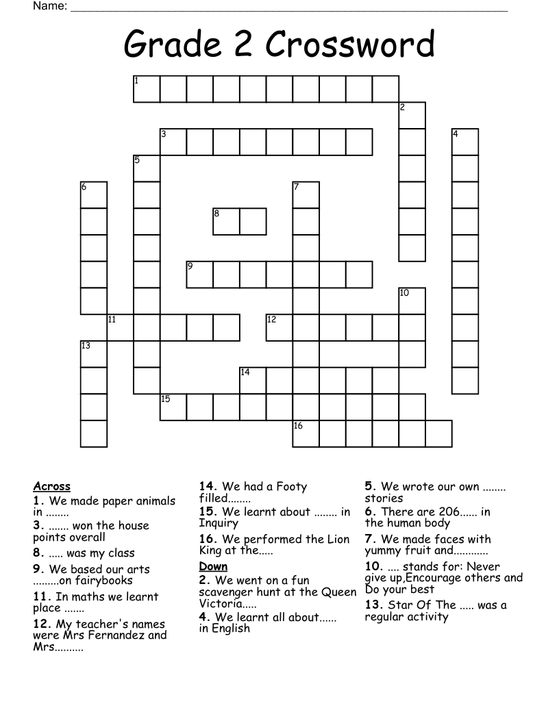 Crossword Puzzles For 2nd Graders