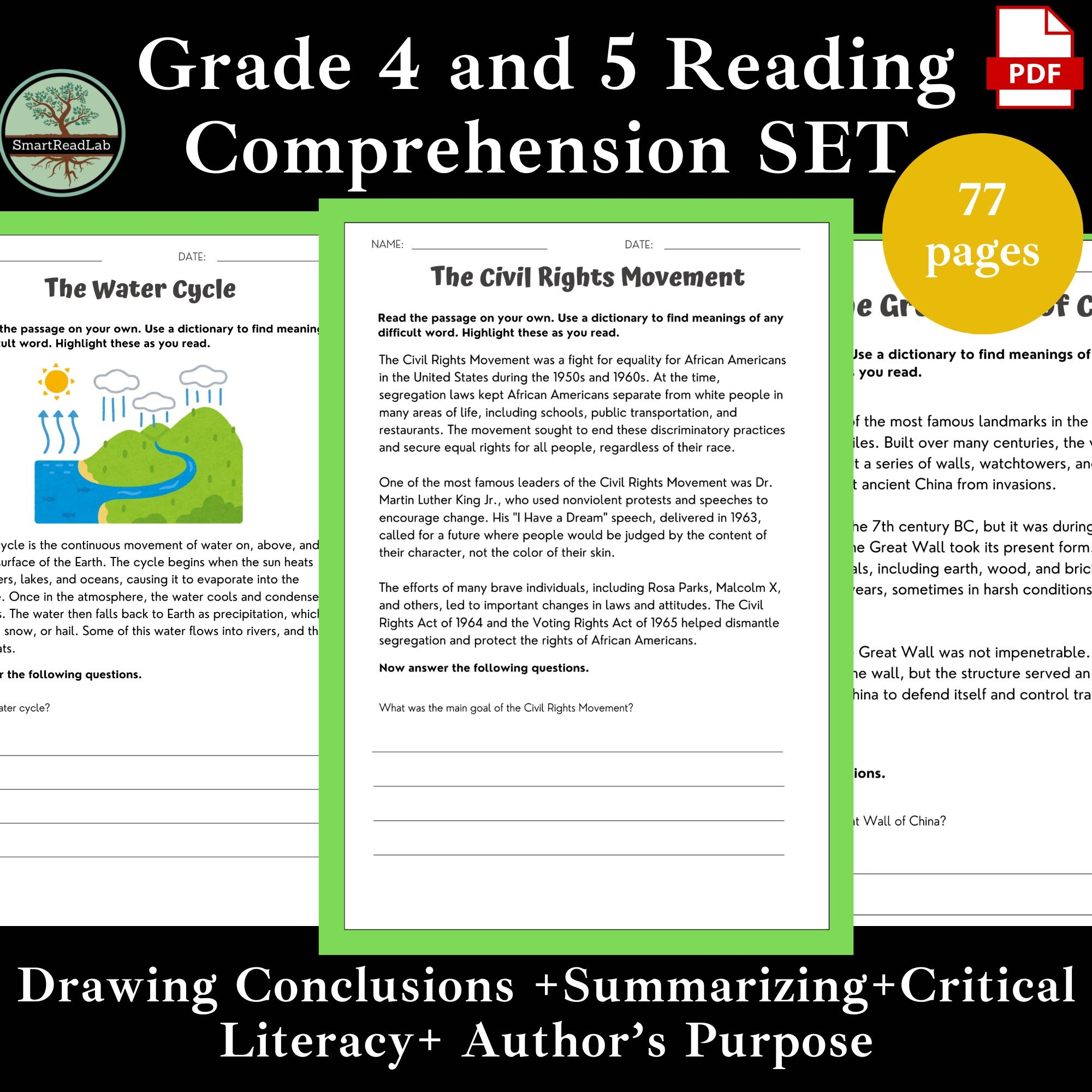Grade 4 5 Reading Worksheets Bundle 4th And 5th Grade Printable Comprehension Activities For Classroom And Homeschool instant Download Etsy