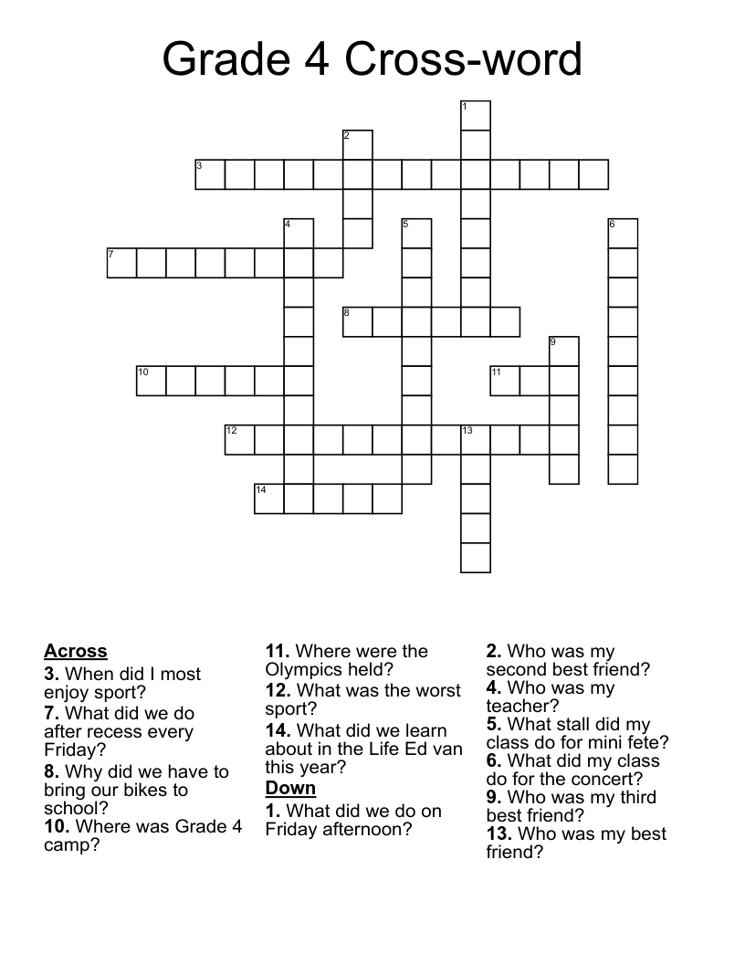 Grade 4 Cross word Crossword WordMint