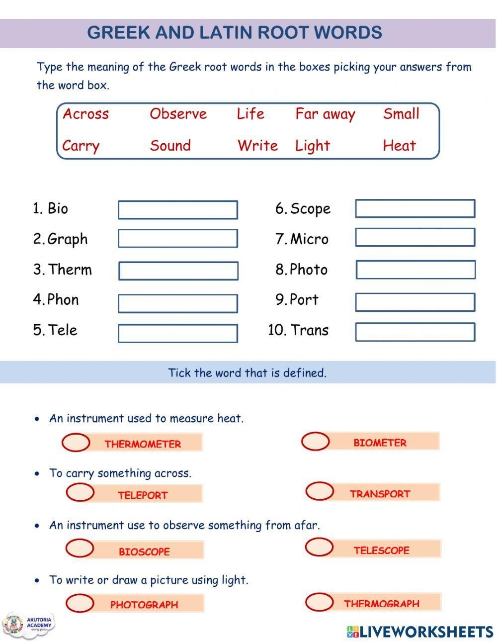 Greek And Latin Root Words Activity Live Worksheets Worksheets Library