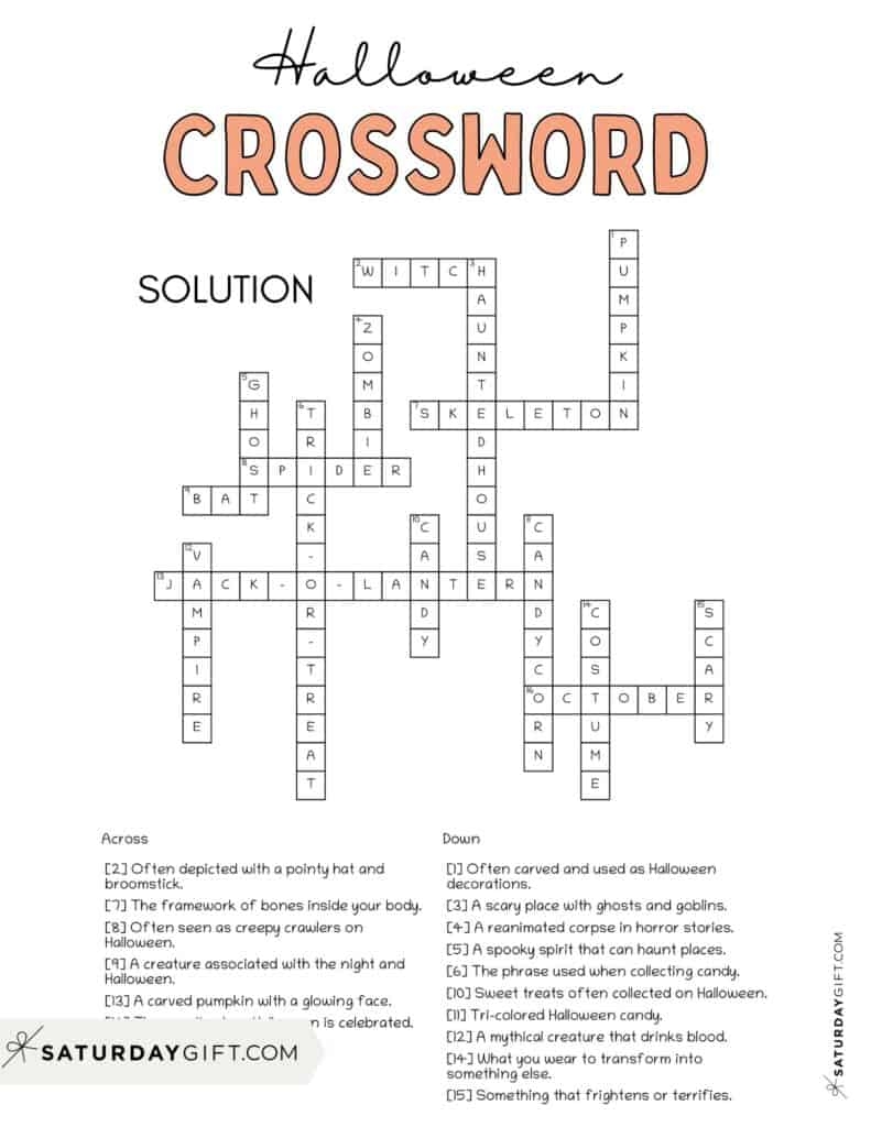 Halloween Crossword Puzzle Cute Free Printable SaturdayGift