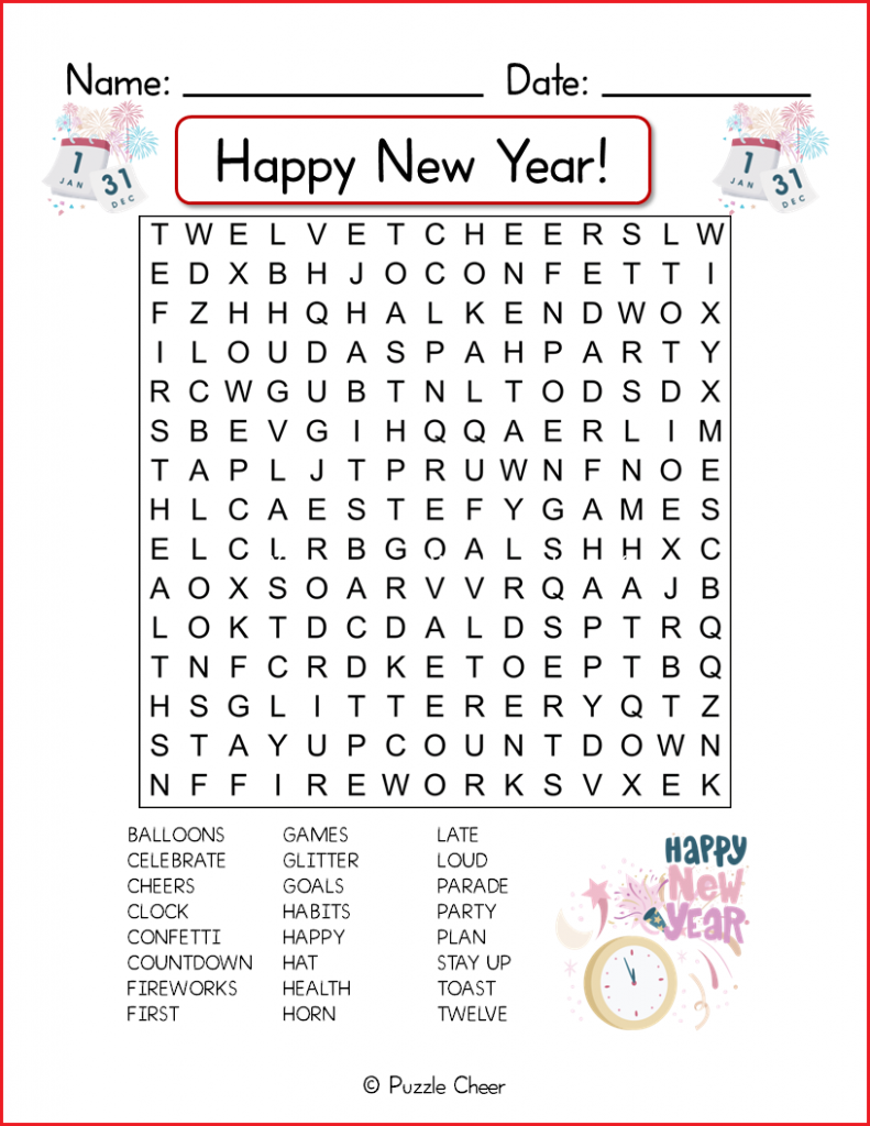 Happy New Years Word Search For Kids Puzzle Cheer