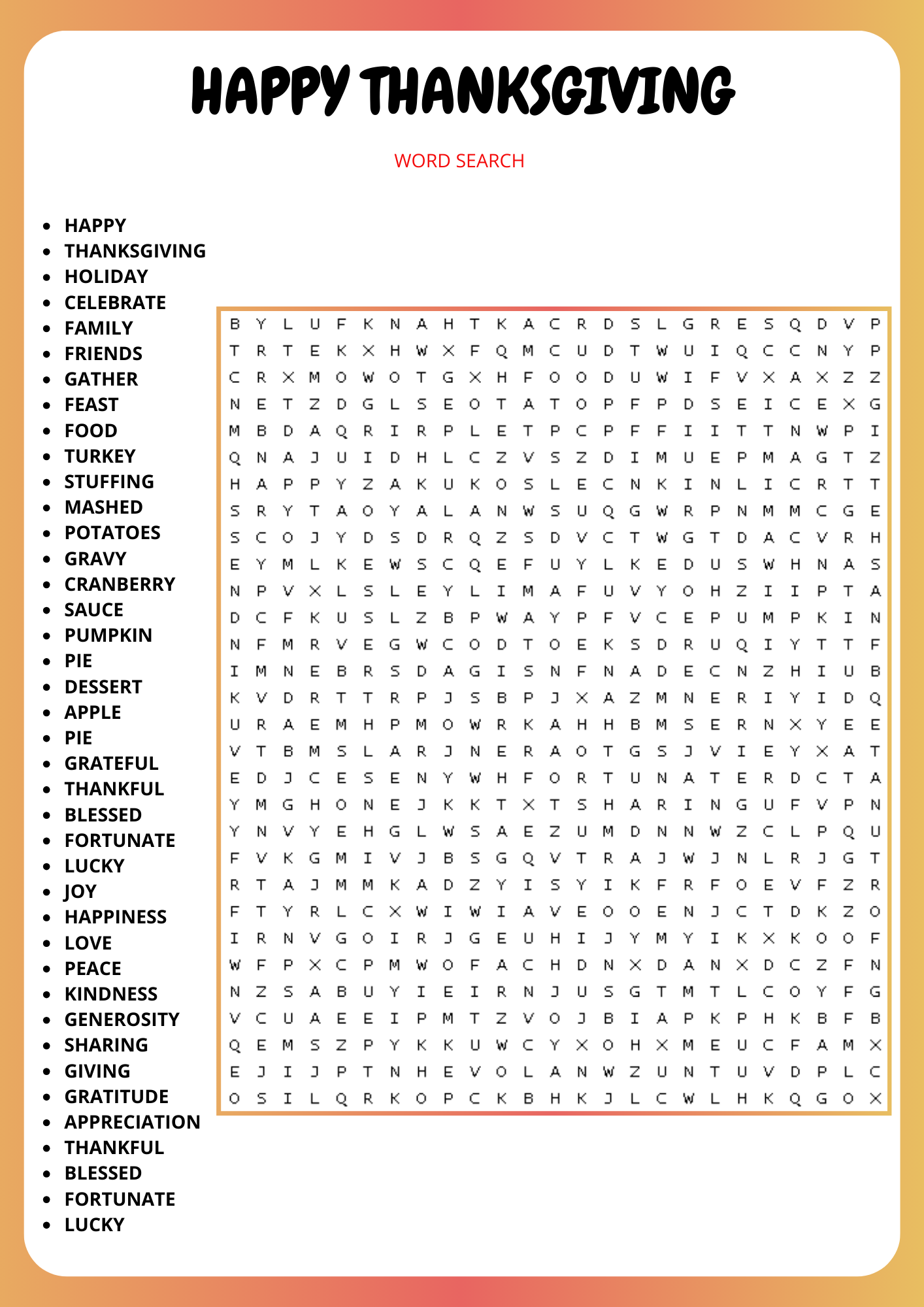 printable thanksgiving word search