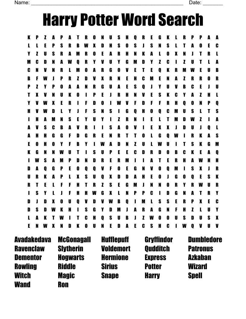 Harry Potter Word Search WordMint