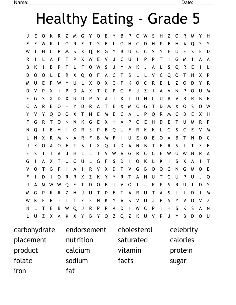 Healthy Eating Grade 5 Word Search WordMint