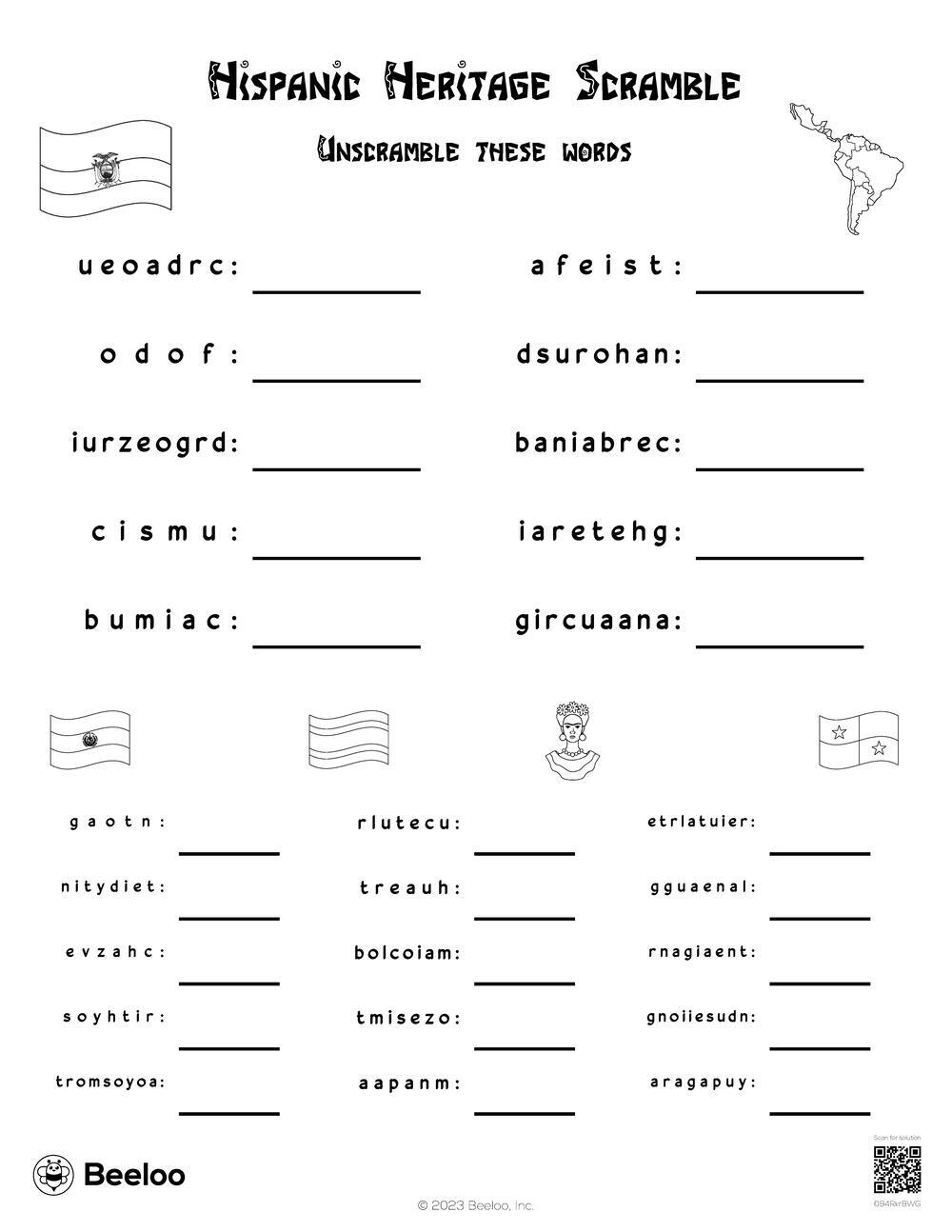 Hispanic Heritage themed Word Scrambles Beeloo Printable Crafts And Activities For Kids