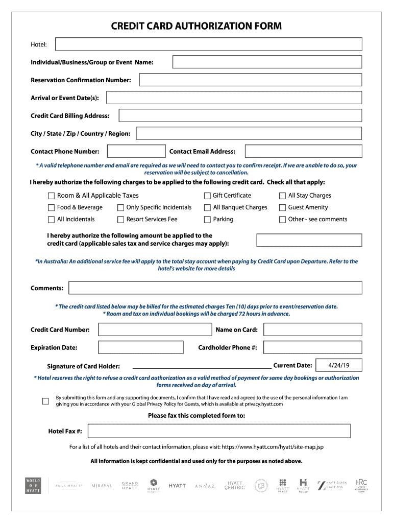 Hyatt Credit Card Authorization Form Fill Online Printable Fillable Blank PdfFiller