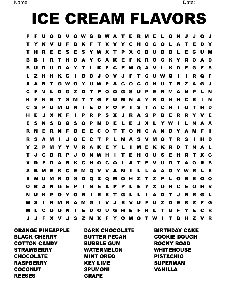 ICE CREAM FLAVORS Word Search WordMint