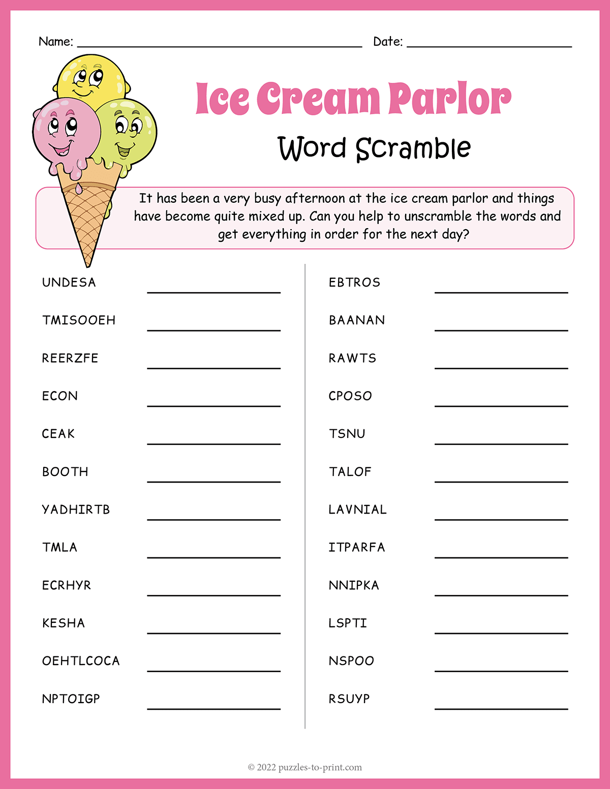 Ice Cream Parlor Word Scramble