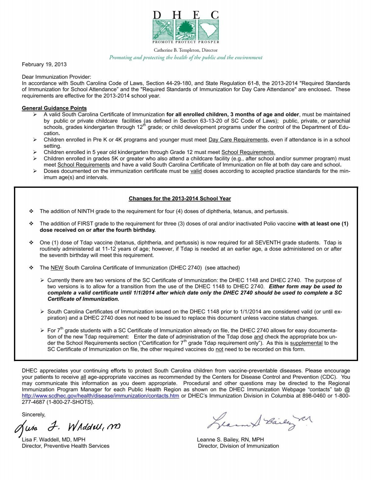 Immunization Requirements From DHEC Immunization Requirements From DHEC