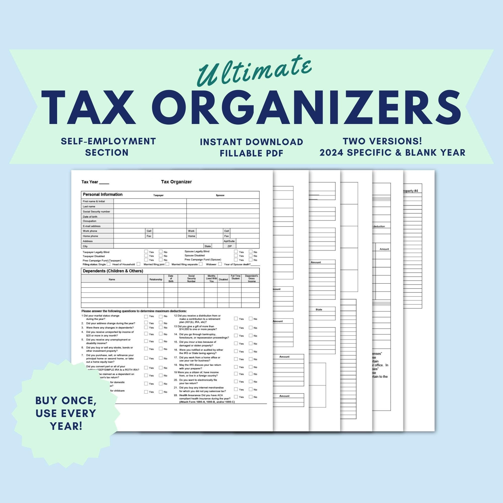 Individual Income Tax Organizers 2024 Specific Version Blank Year Version Includes Self employment And Rental Info Section Etsy
