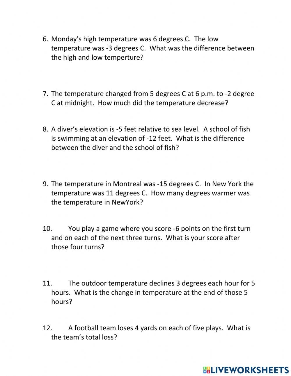 Integer Word Problems Test Worksheet Live Worksheets Worksheets Library