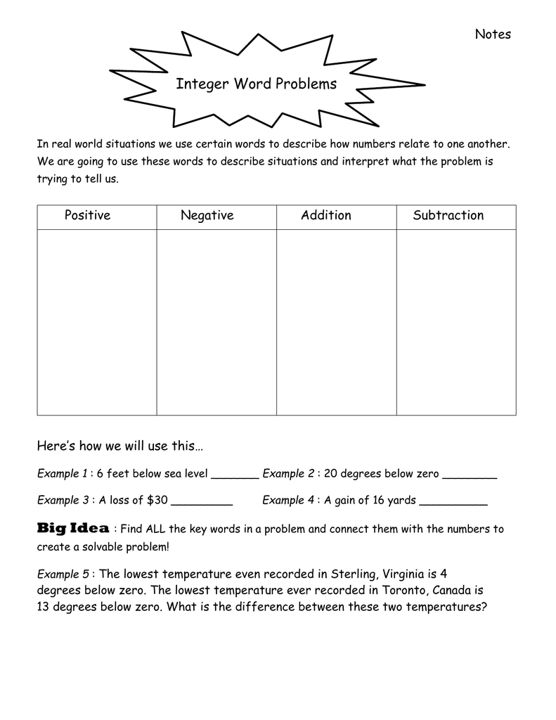 integer story problems worksheet