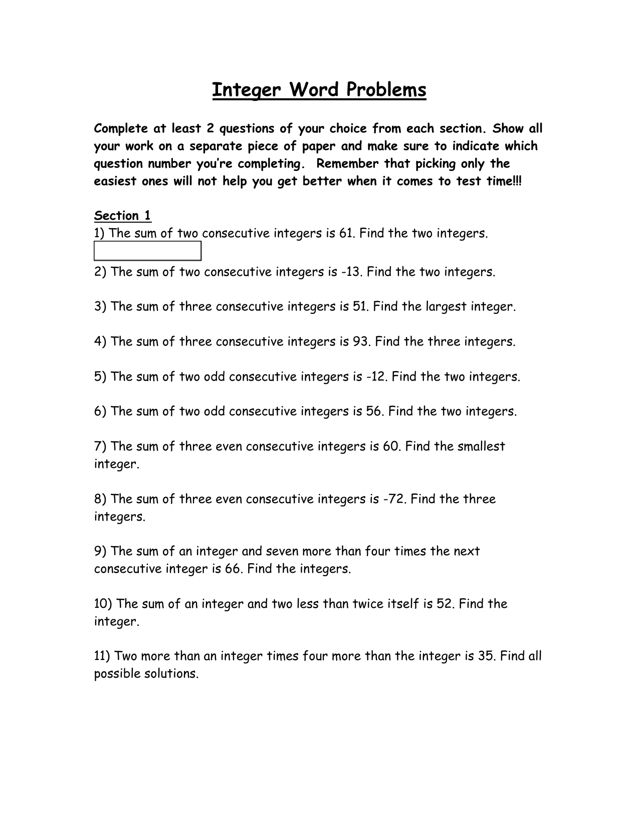 Integer Word Problems Worksheet
