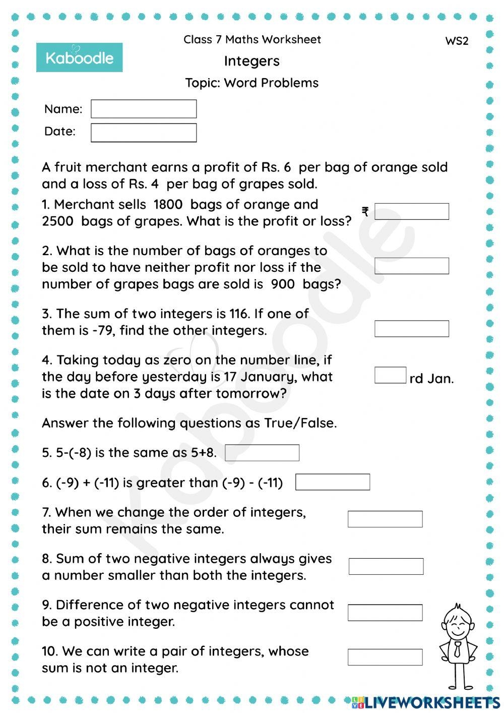 Integer Story Problems Worksheet