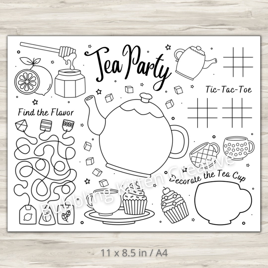 Kids Tea Party Activity Coloring Sheet Tea Party Printable Party Decoration Etsy