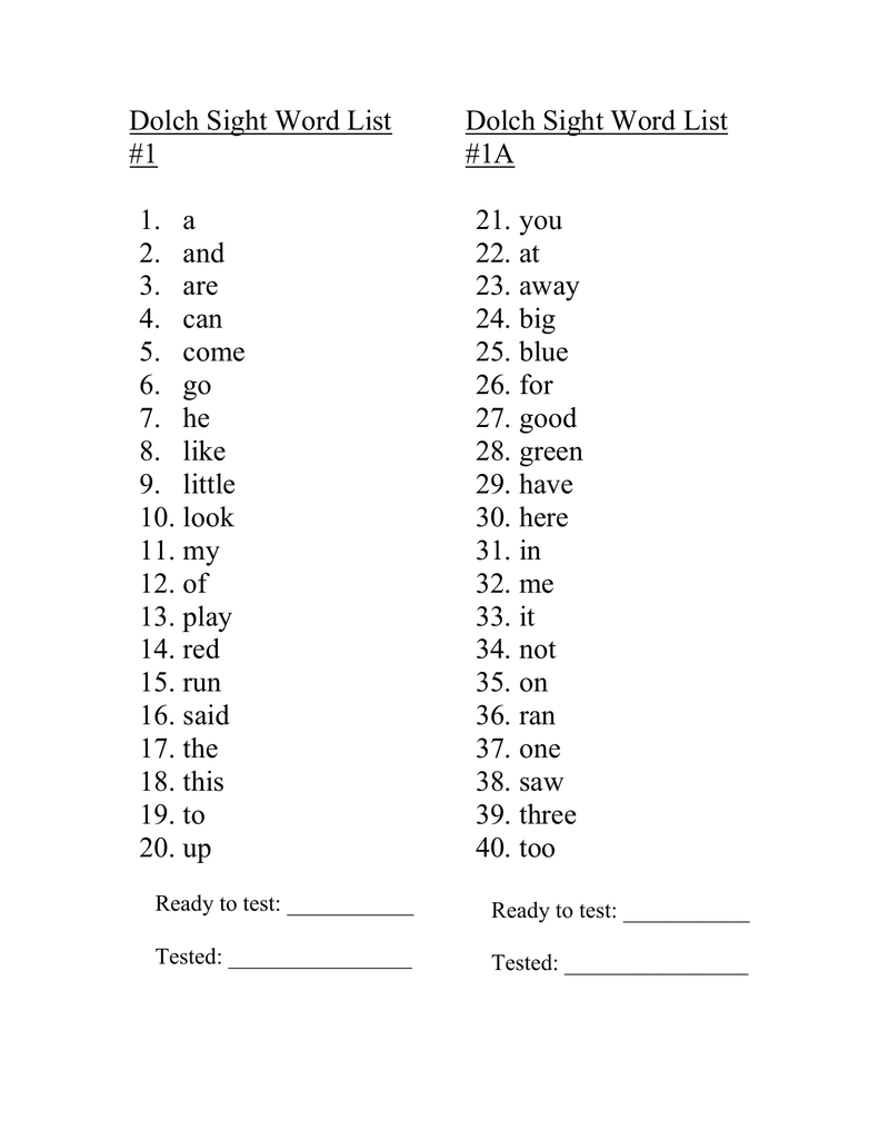 Kindergarten Dolch Sight Word List Assessment Clubsbillo