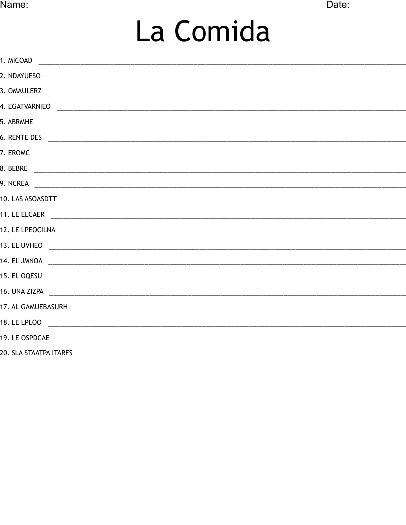 La Comida Word Scramble WordMint