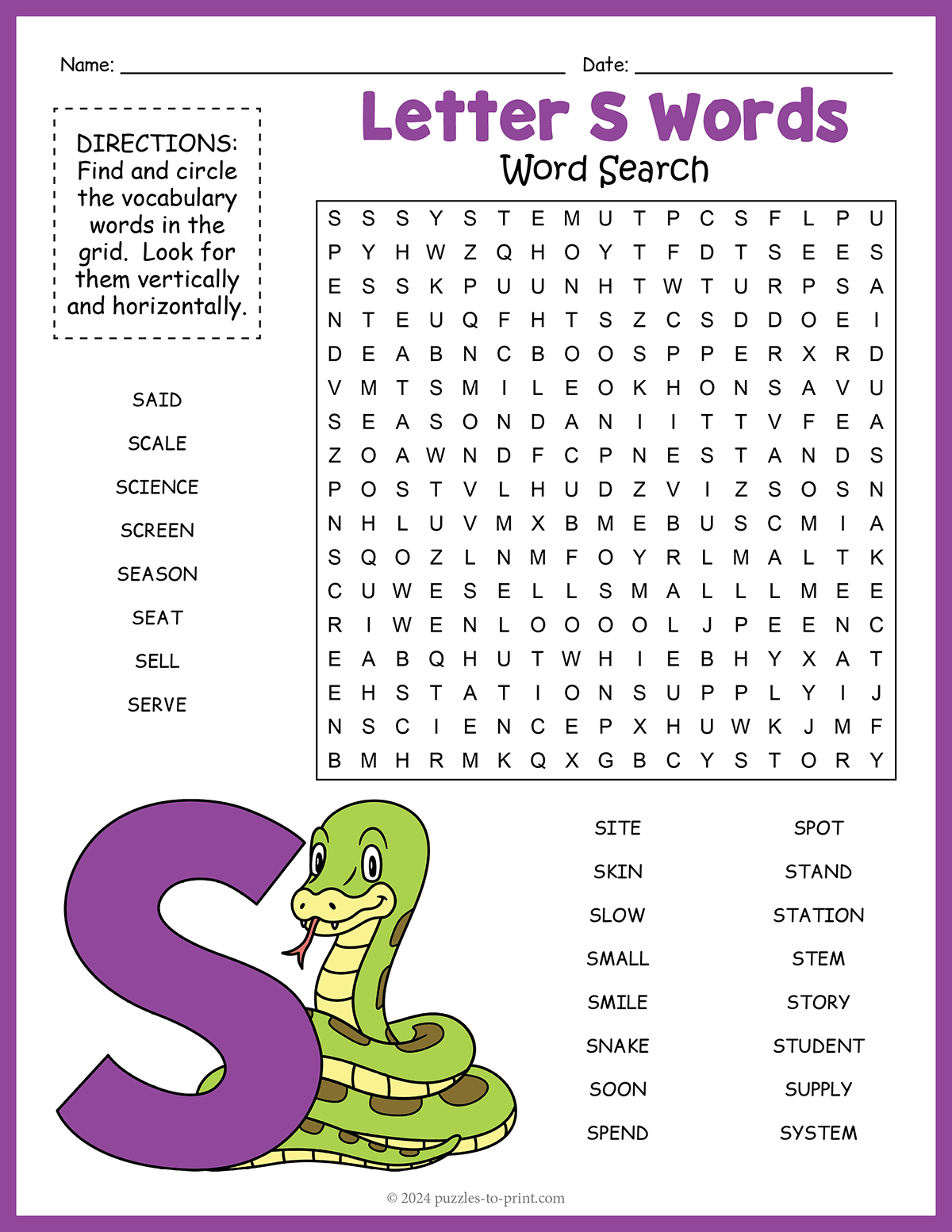 Letter S Words Word Search