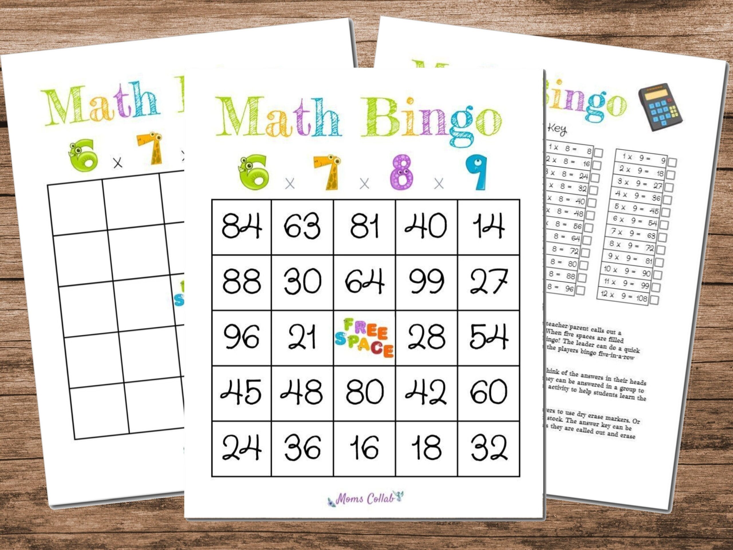 Math Bingo 6 7 8 And 9 Multiplication Learning Game Printable Answer Key Blank Bingo Card And 10 Unique Bingo Game Cards Etsy