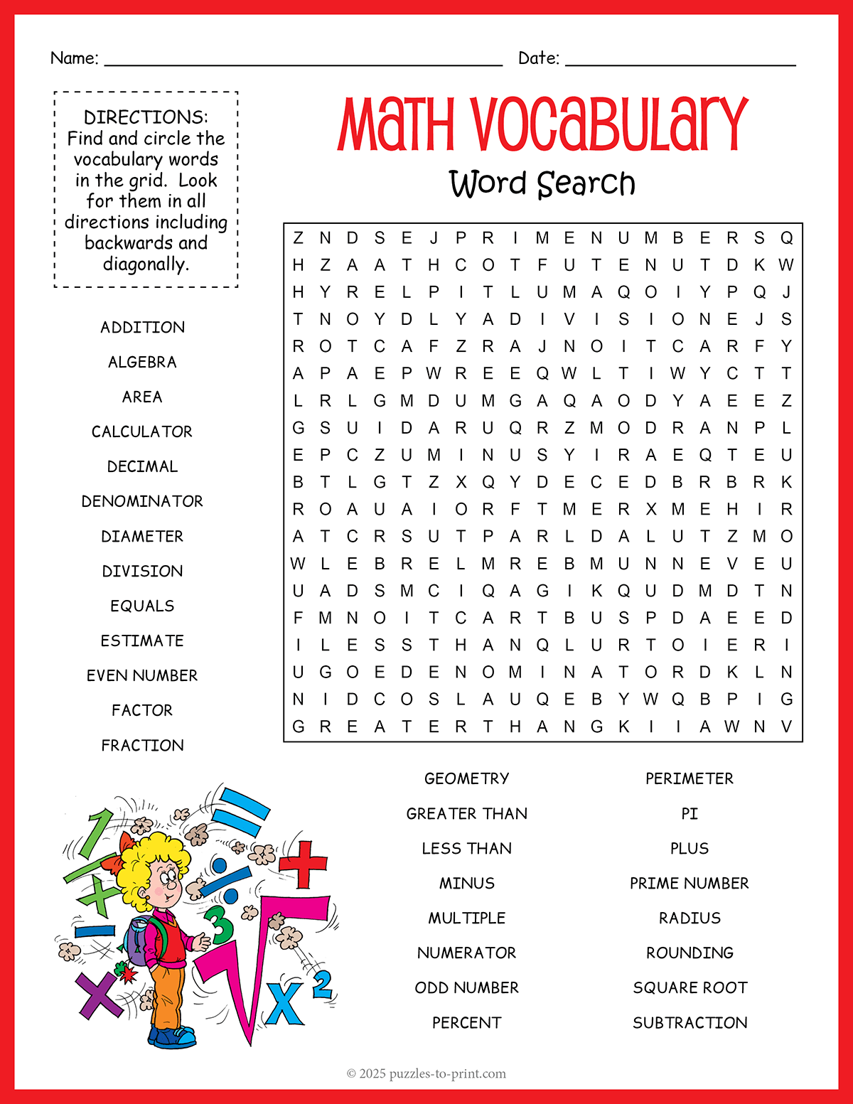 Math Vocabulary Word Search Math Vocabulary Word Search