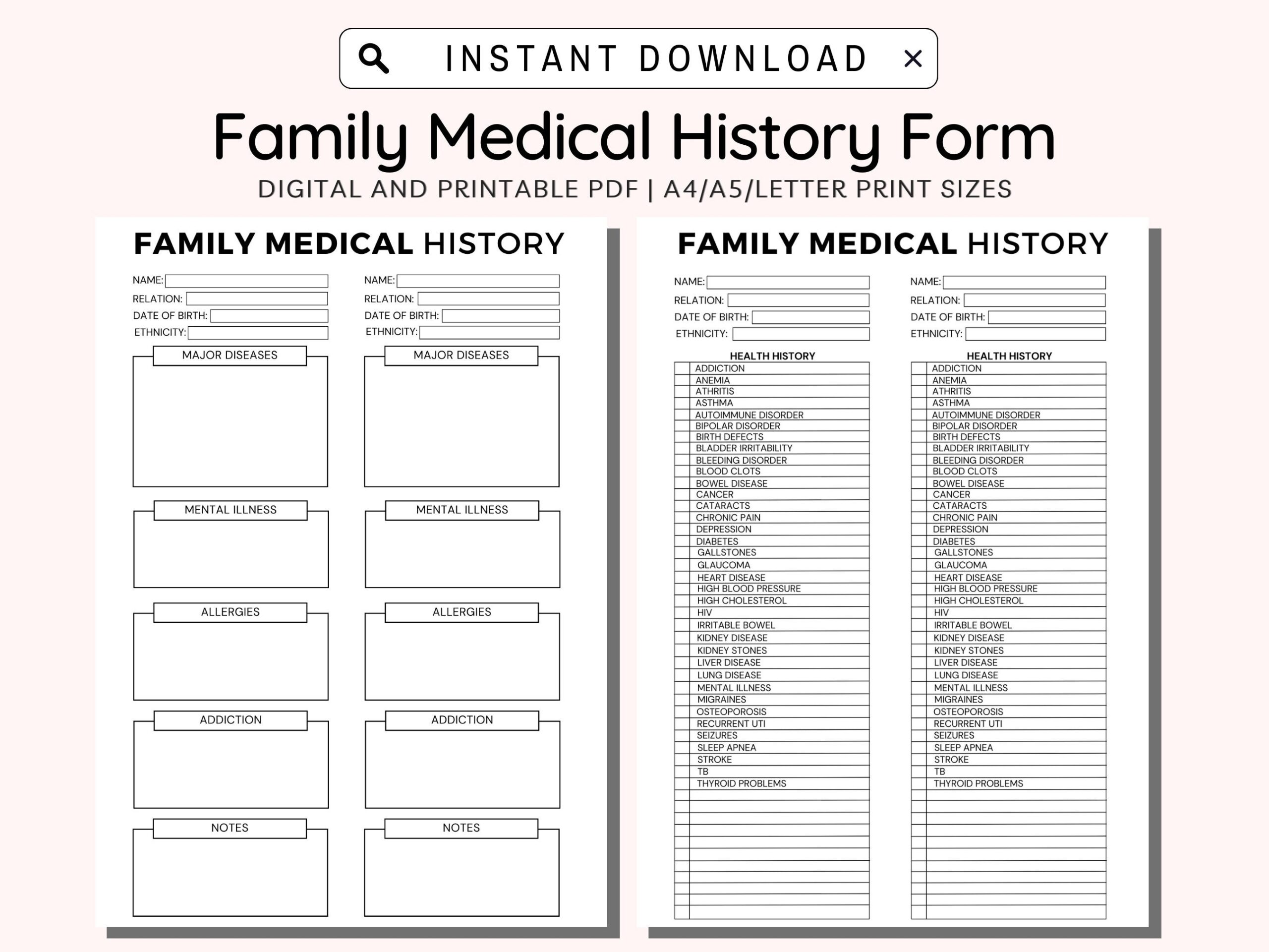 Medical History Form Printable Family Medical History Form Family Health History Personal Health History Medical Record Tracker A4 PDF Etsy