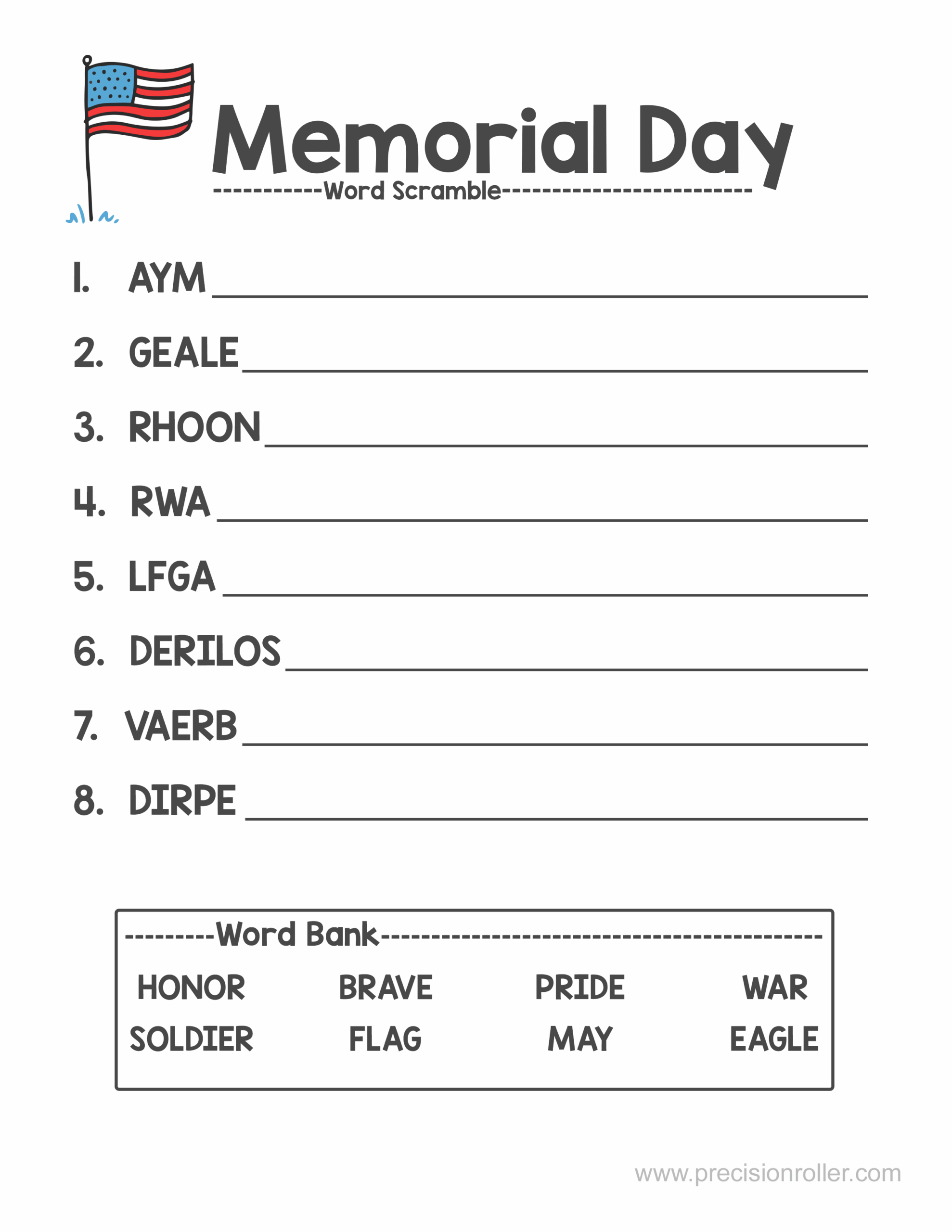 Memorial Day Themed Word Scramble Precision Printables