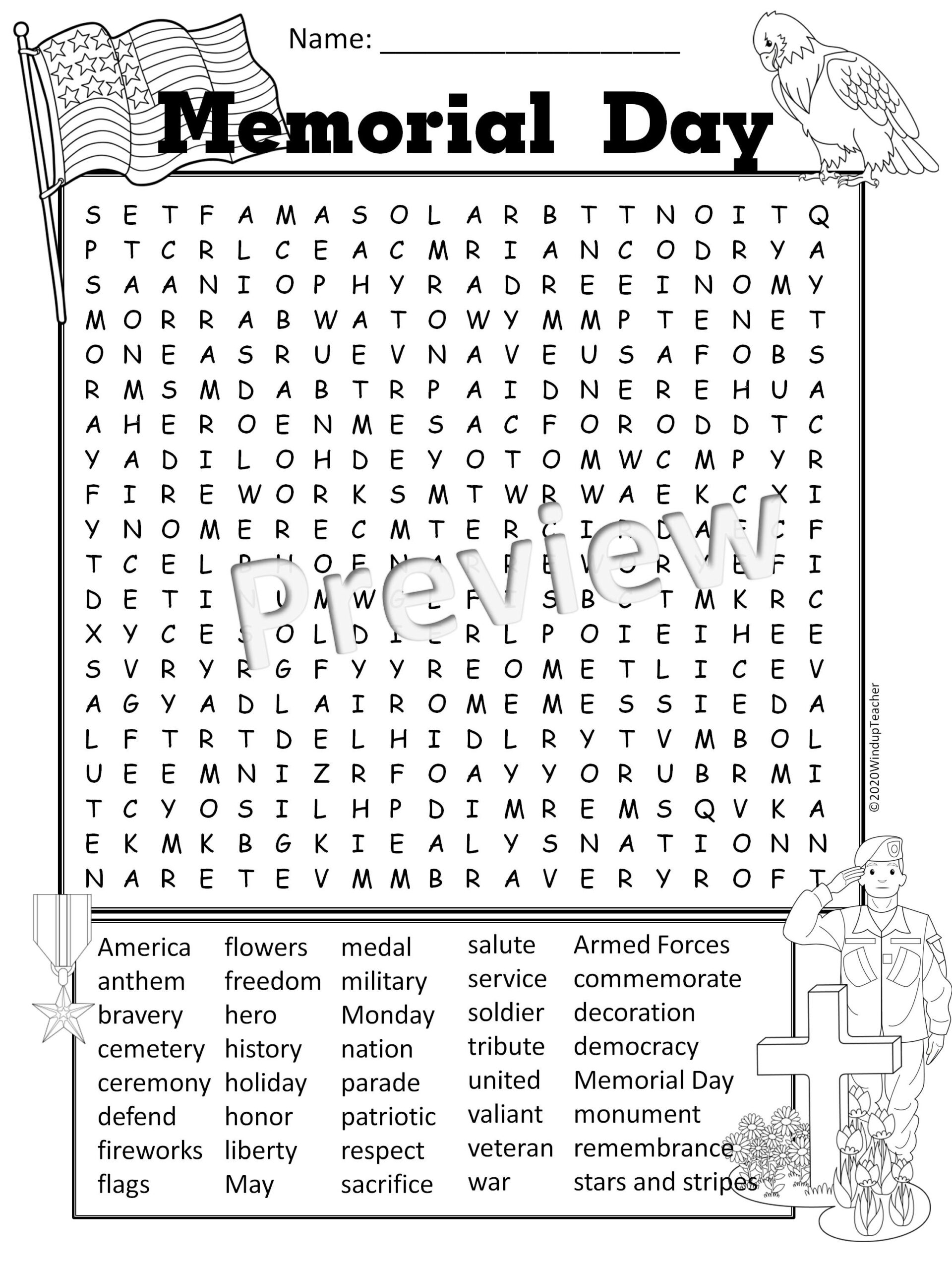 Memorial Day Word Search Activity Printable Hard For Grades 5 To Adult Classful