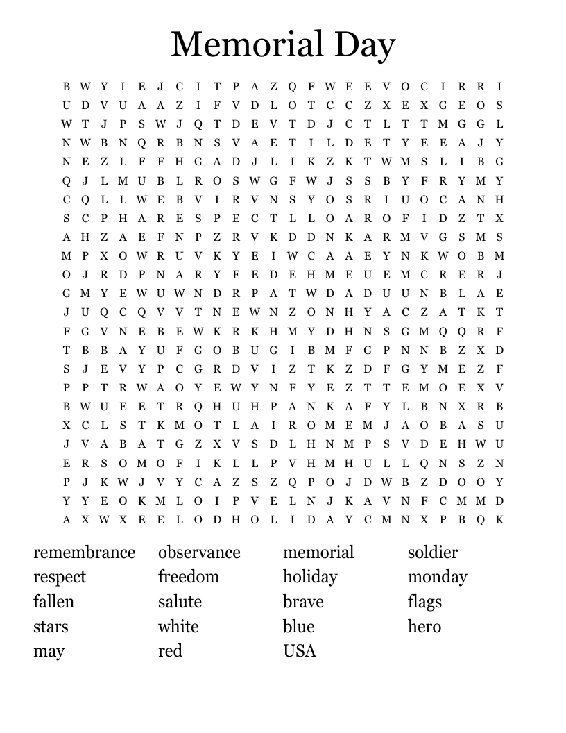 Memorial Day Word Search WordMint