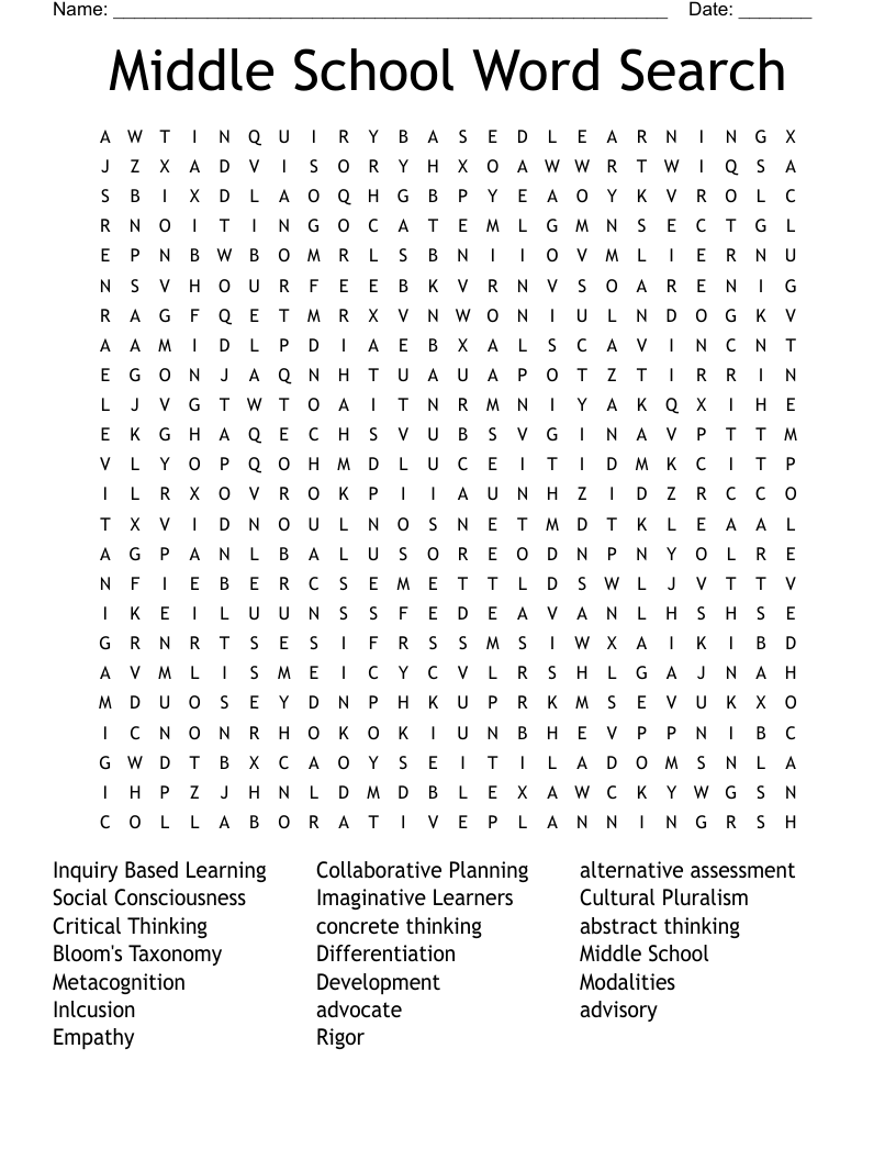 Word Search For Middle Schoolers