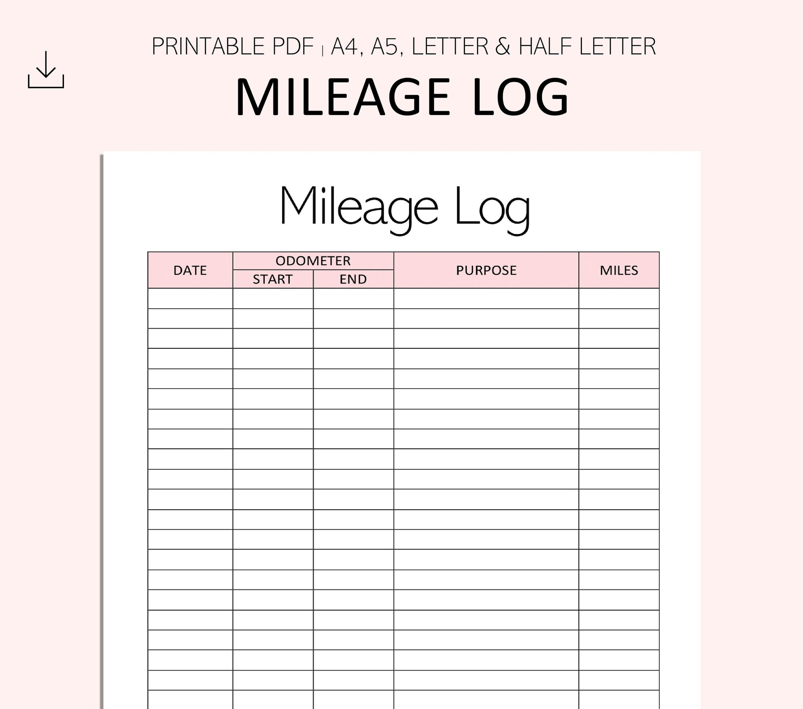 Mileage Log Printable Vehicle Miles Travelled Tracker Mileage Tracker Car Mileage Printable PDF A4 A5 Letter Half Letter Etsy