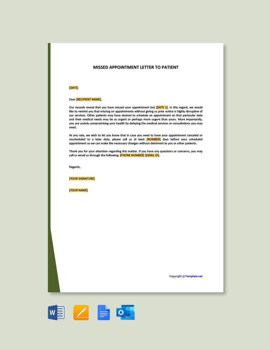 Missed Appointment Letter To Patient In Google Docs Word Pages Outlook PDF Download Template