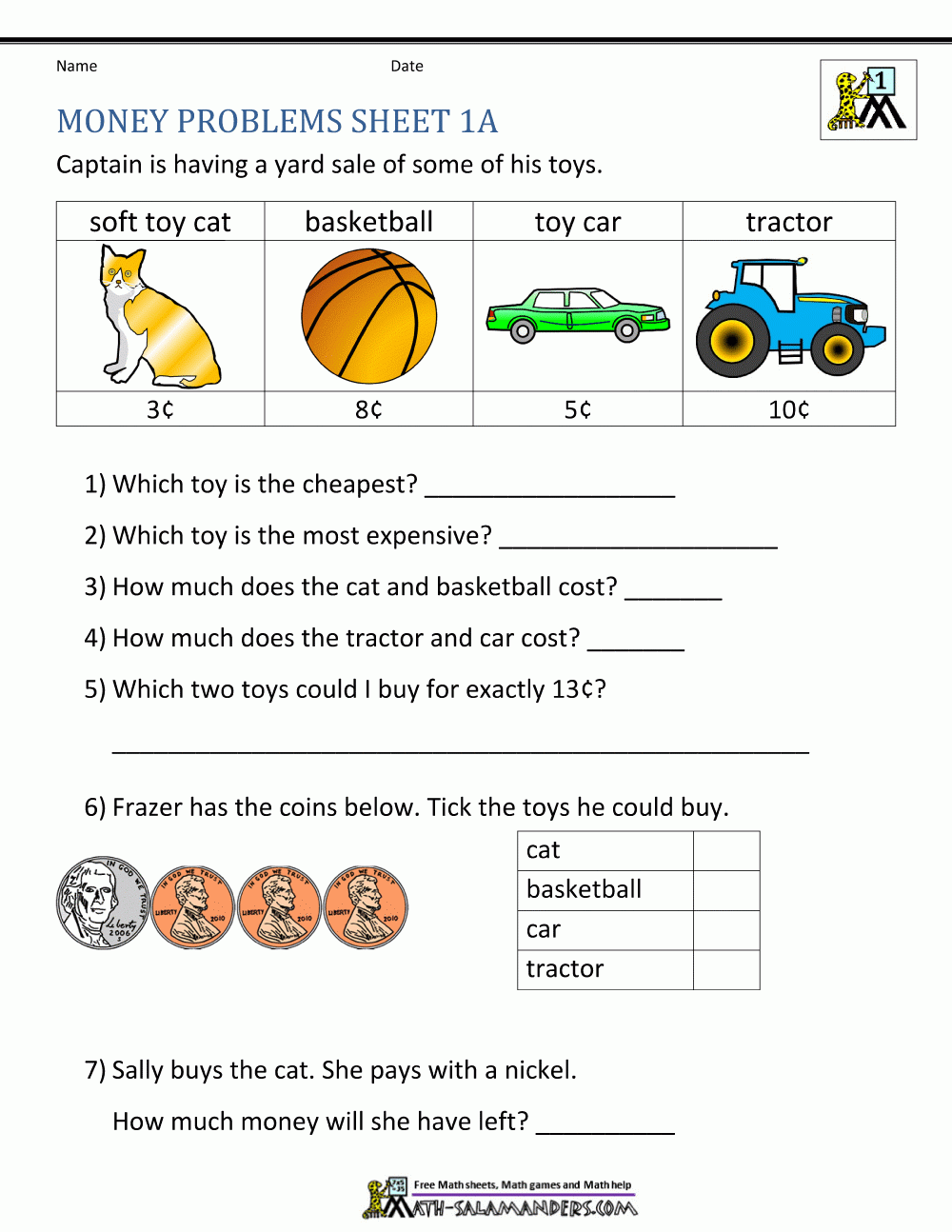 Money Worksheets For First Grade