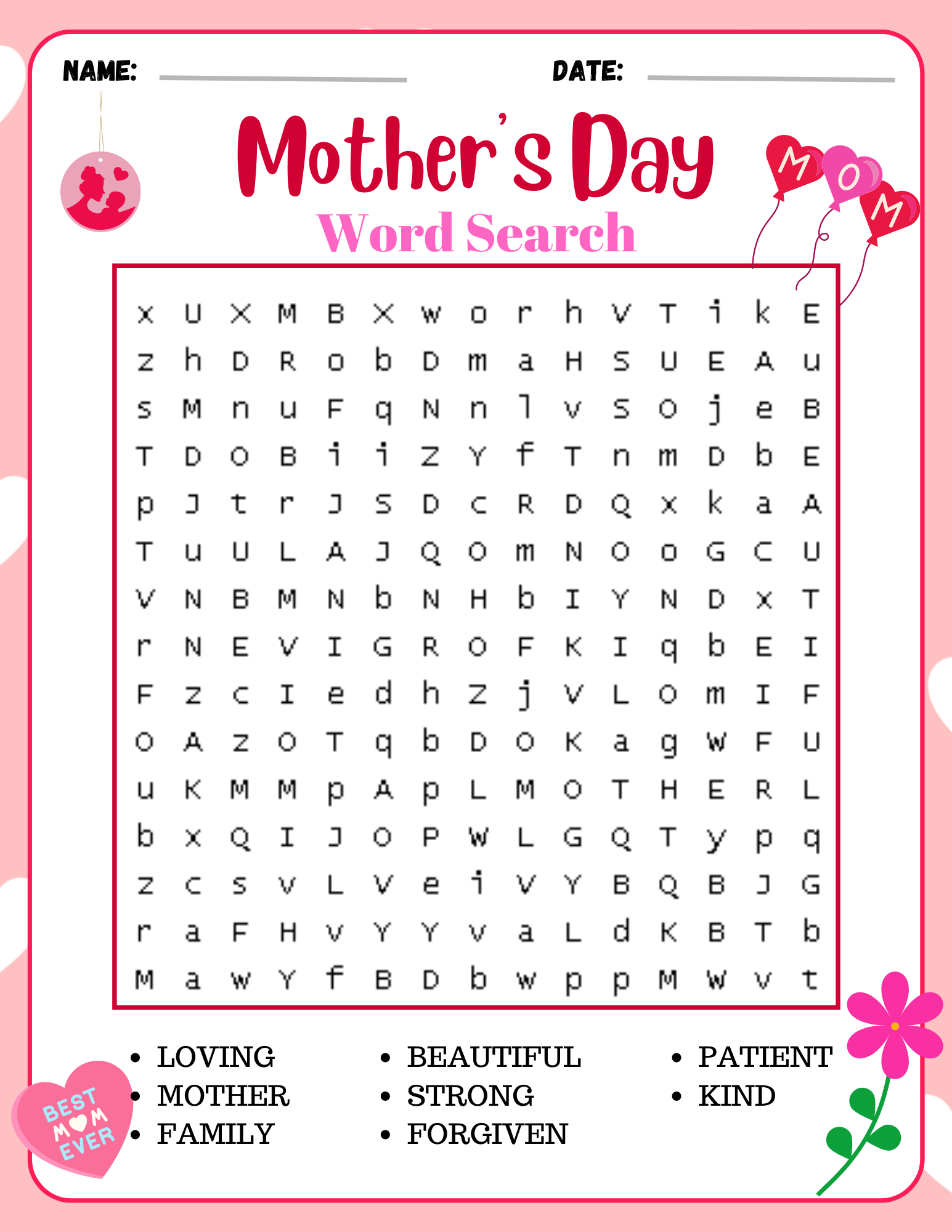 mother's day word search