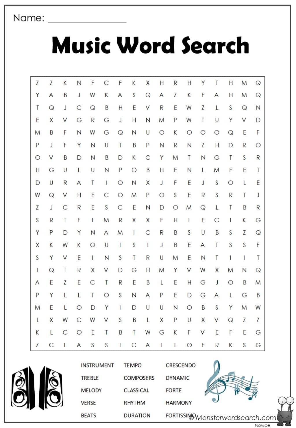 Music Word Search Monster Word Search Worksheets Library