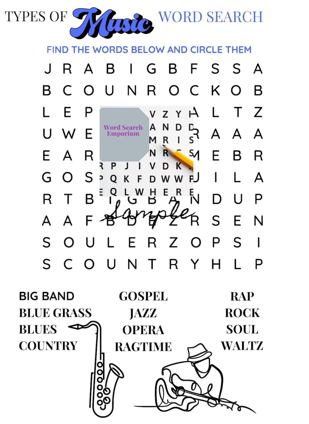 Musical Word Search Puzzle Fun For All Ages To Find Music Genres With This Engaging Game Great For Classroom And Family Fun Activities Etsy