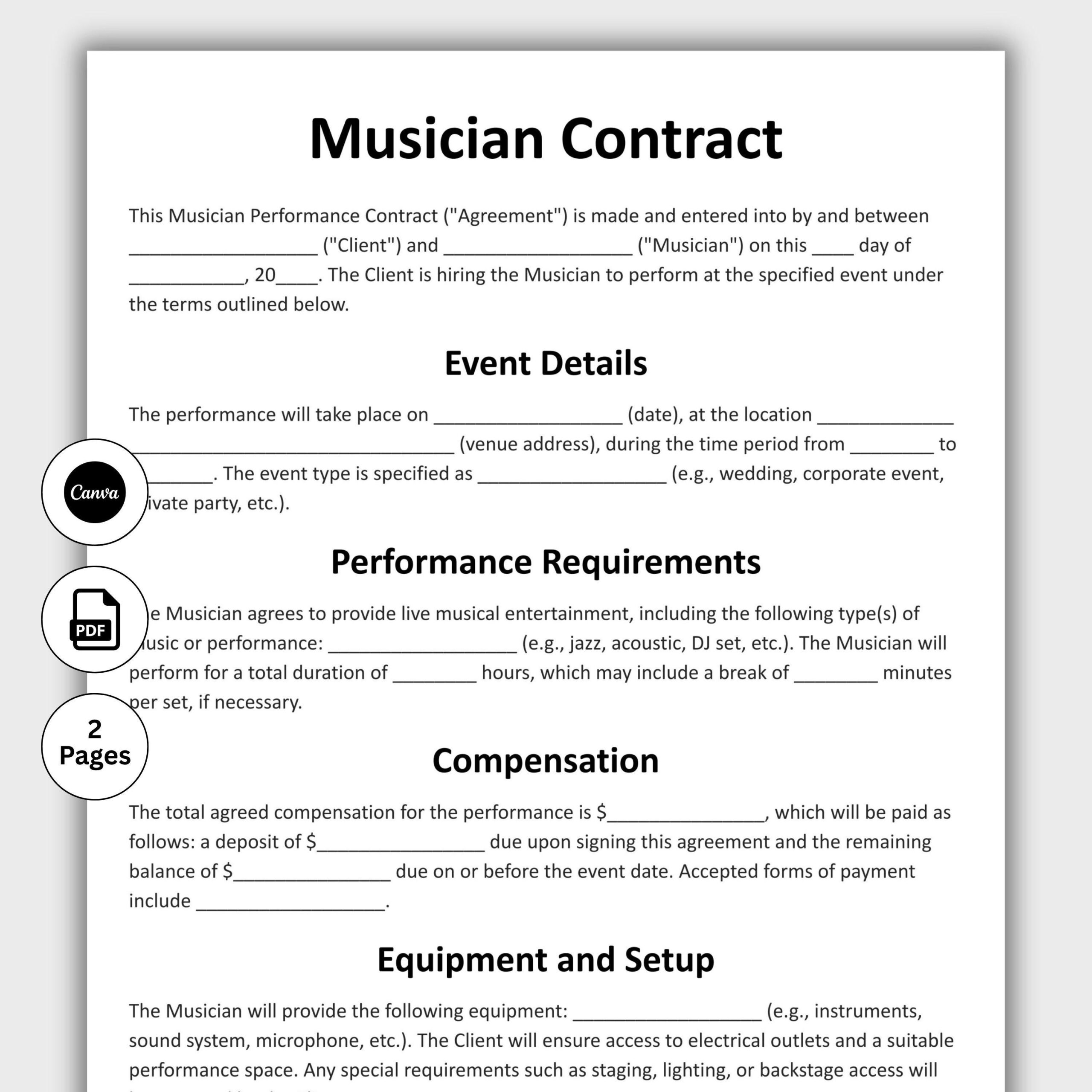 Musician Contract Customizable Musician Collaboration Form Template Printable Gig Contract Partnership Agreement Editable In Canva Etsy