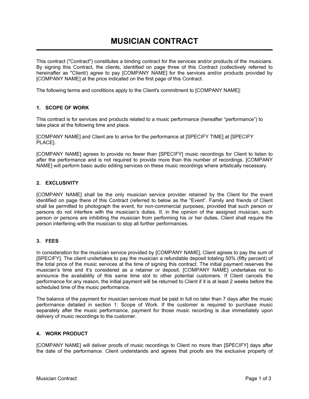 Musician Contract Template Word PDF Free Trial