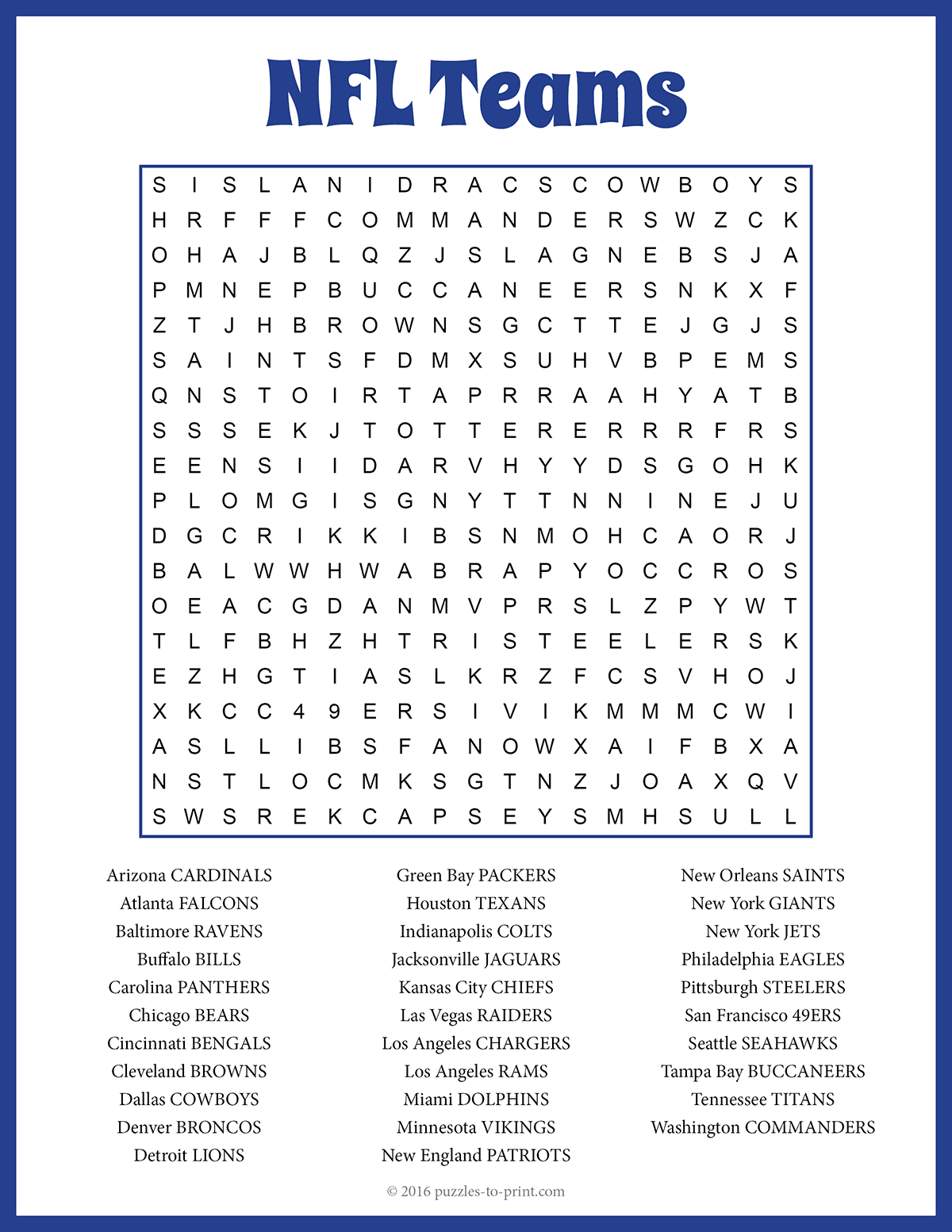NFL Teams Word Search