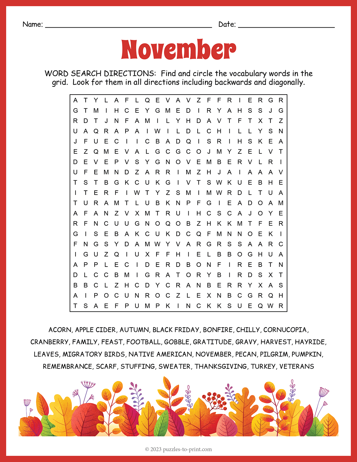 November Word Search Puzzles