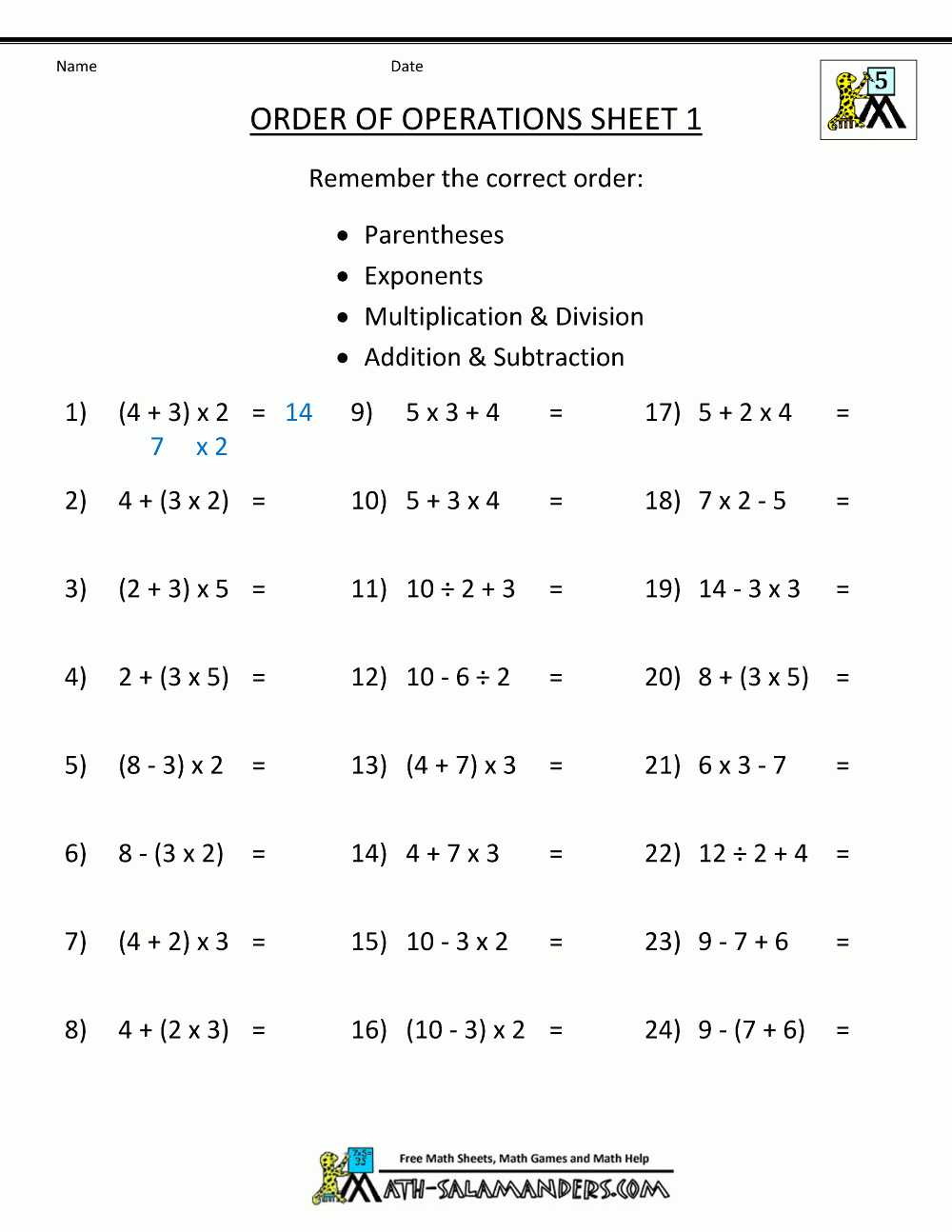 Orders Of Operations Worksheet