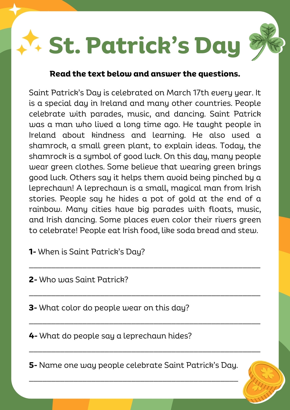St Patrick’s Day Reading Comprehension