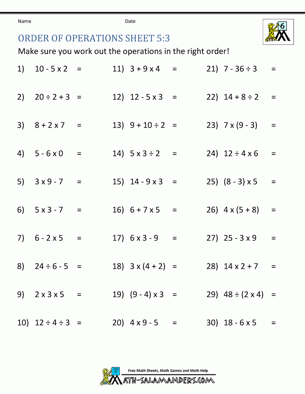 Order Of Operations Practice Problems