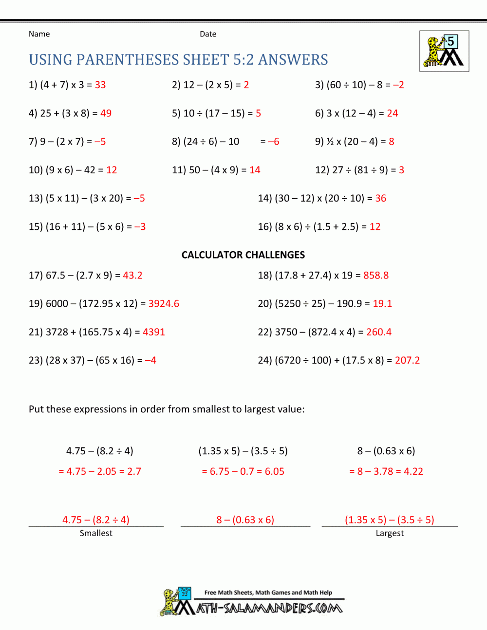 Pemdas Problems With Answers